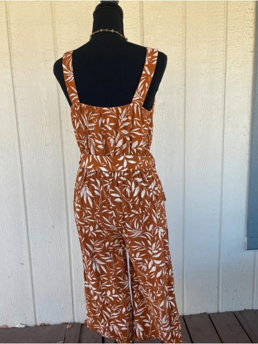 Monteau Rust Leaf-Print Wide-Leg Jumpsuit with Belted Waist